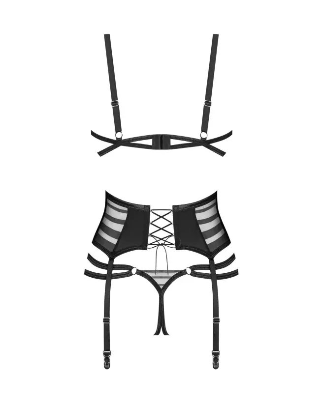 Ensemble Lune Bellis Obsessive noir ouvert, lingerie sexy trois pièces avec porte-jarretelles et soutien-gorge à armatur-8