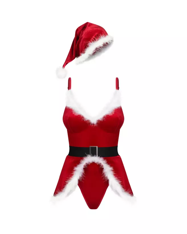 Costume Hot Santa Obsessive en velours avec plumes pour Noël-5