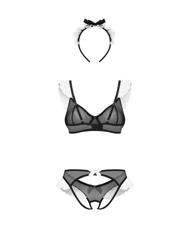 Costume de soubrette sexy Obsessive avec soutien-gorge à armatures, string ouvert et serre-tête en dentelle-7