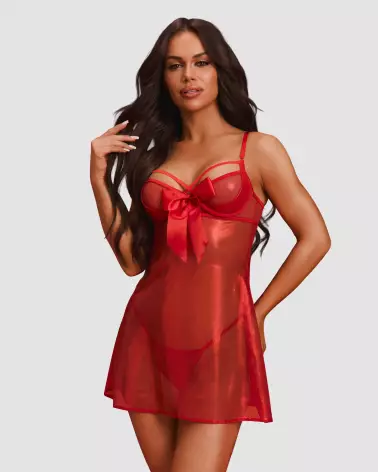 Photo de Gifty Red Babydoll et String par Obsessive, lingerie transparente scintillante avec détail nœud satin-2