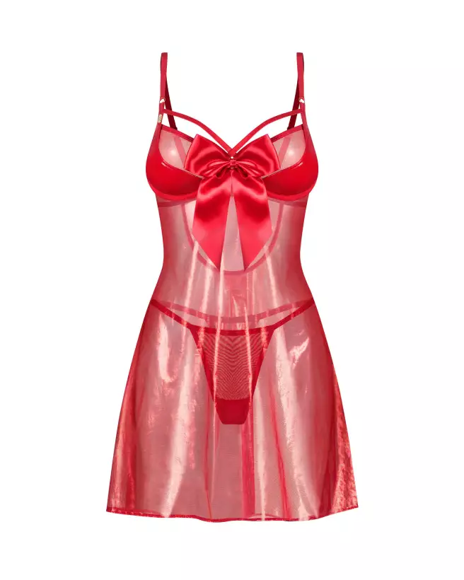 Photo de Gifty Red Babydoll et String par Obsessive, lingerie transparente scintillante avec détail nœud satin-5