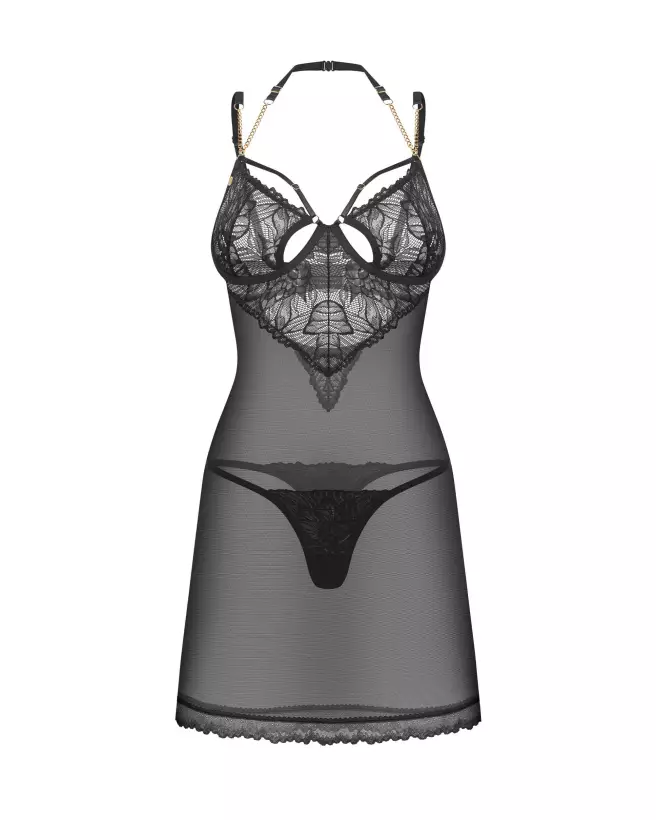 Nuisette et string Matildea noir de Obsessive avec détails en dentelle et chaînes décoratives-5