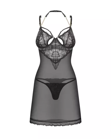 Nuisette et string Matildea noir de Obsessive avec détails en dentelle et chaînes décoratives-5