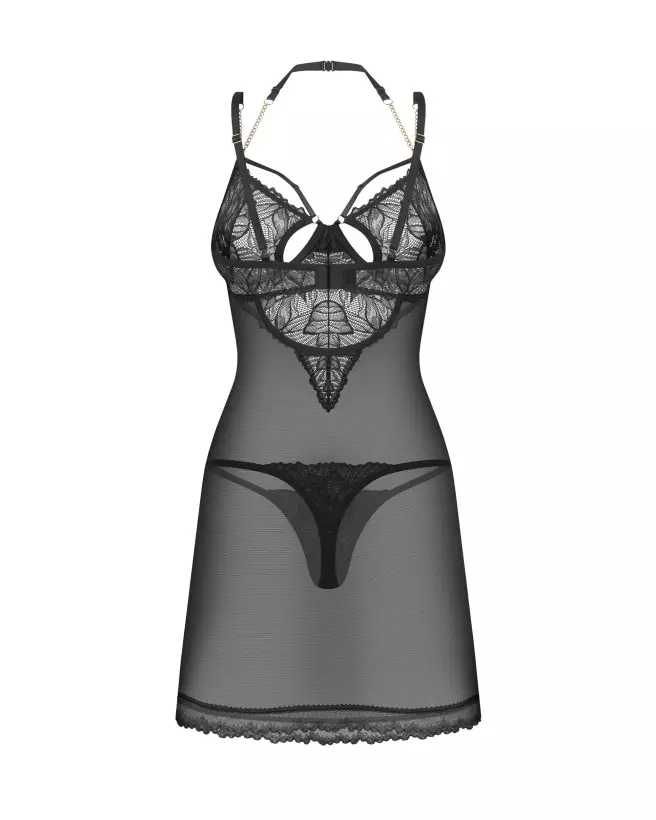 Nuisette et string Matildea noir de Obsessive avec détails en dentelle et chaînes décoratives-6