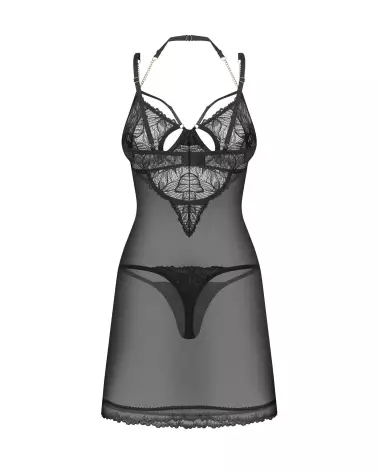 Nuisette et string Matildea noir de Obsessive avec détails en dentelle et chaînes décoratives-6