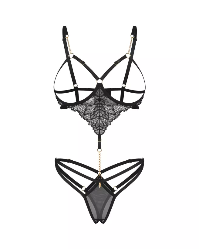 Body Ouvert Noir Matildea par Obsessive avec chaînes décoratives et dentelle fine-5