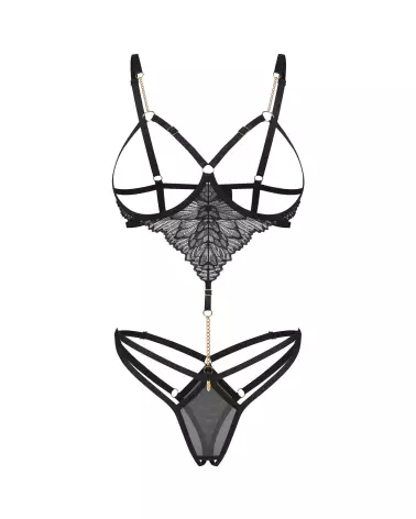 Body Ouvert Noir Matildea par Obsessive avec chaînes décoratives et dentelle fine-5