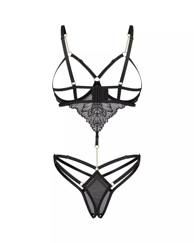Body Ouvert Noir Matildea par Obsessive avec chaînes décoratives et dentelle fine-6