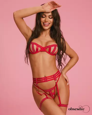 ensemble lingerie sexy Obsessive Shiny Obsession 3 pièces femme soutien-gorge à armatures string ouvert porte-jarretelle-5