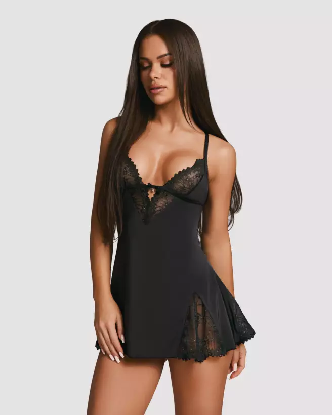 babydoll dentelle noire scintillante Obsessive avec string assorti lingerie sexy femme élégante confort glamour-4