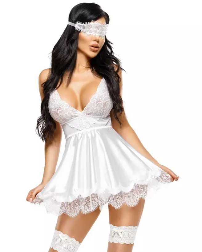 Eve Babydoll et Masque Blanc de Beauty Night en Lingerie Fine-1