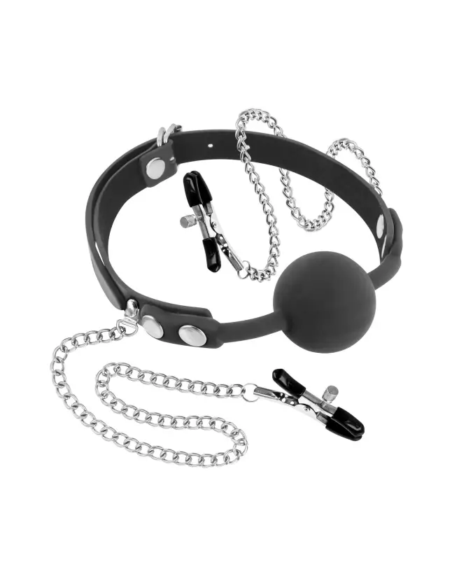 Baillon avec Pinces à Tétons Black de Fetish Tentation pour jeux BDSM-1