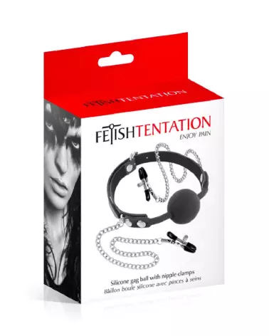 Baillon avec Pinces à Tétons Black de Fetish Tentation pour jeux BDSM-2