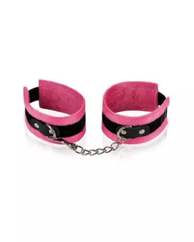 Menottes poignets rose et noir de LEATHER SM, accessoire de jeux sécurisé et élégant-1
