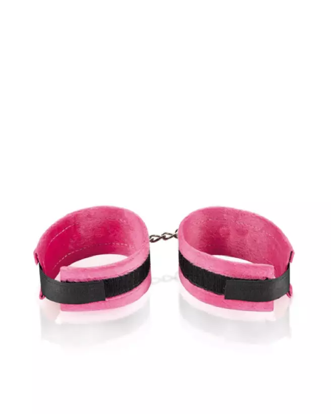 Menottes poignets rose et noir de LEATHER SM, accessoire de jeux sécurisé et élégant-2