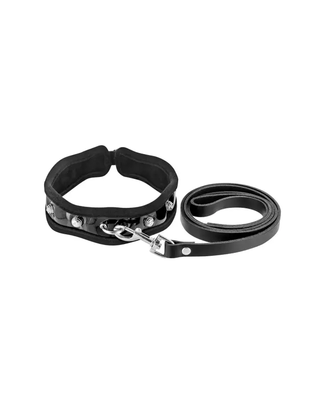 Collier et Laisse en Cuir Bovin BLK de Fetish Premium pour Chiens-1