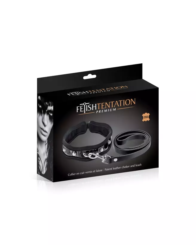 Collier et Laisse en Cuir Bovin BLK de Fetish Premium pour Chiens-4