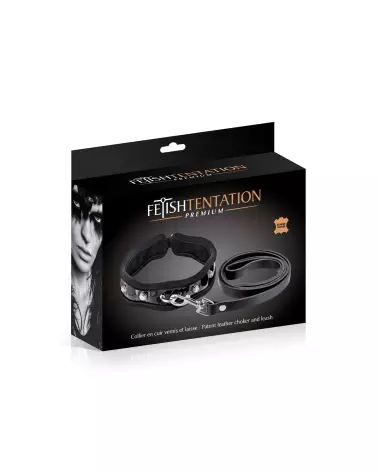 Collier et Laisse en Cuir Bovin BLK de Fetish Premium pour Chiens-4
