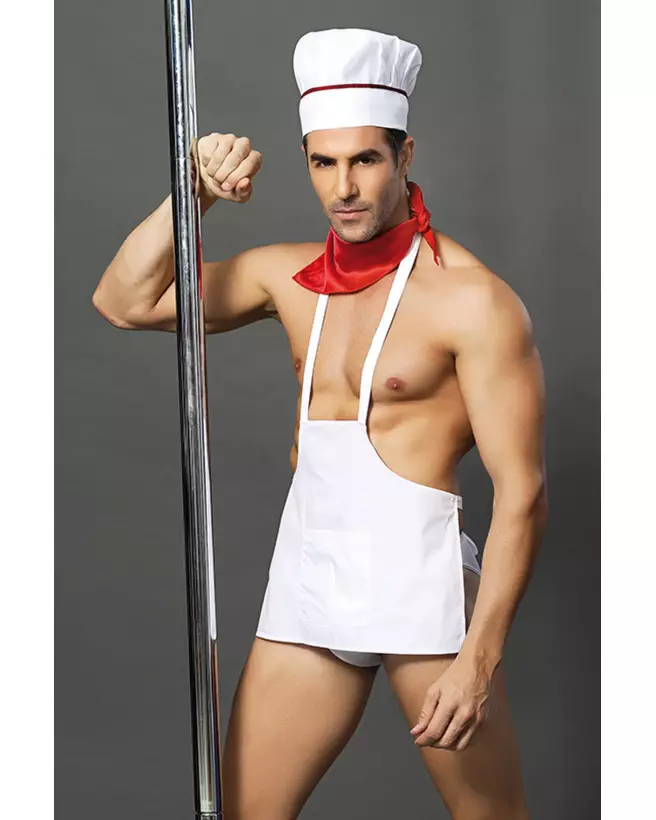 Image de déguisement de cuisinier complet PARIS HOLLYWOOD pour homme, en blanc, incluant toque et tablier-1