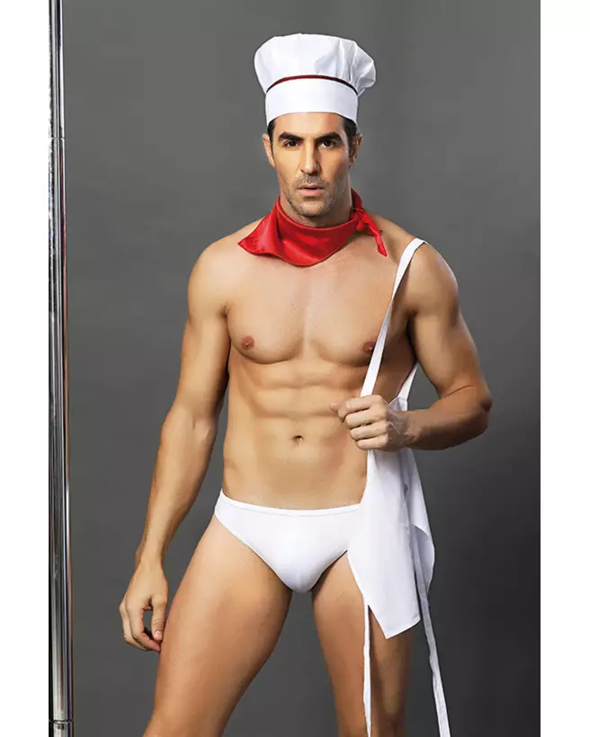 Image de déguisement de cuisinier complet PARIS HOLLYWOOD pour homme, en blanc, incluant toque et tablier-3