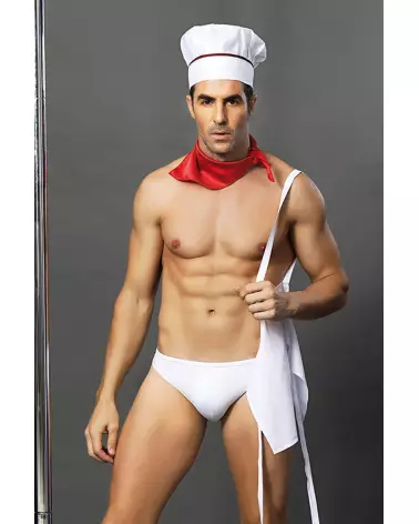 Image de déguisement de cuisinier complet PARIS HOLLYWOOD pour homme, en blanc, incluant toque et tablier-3