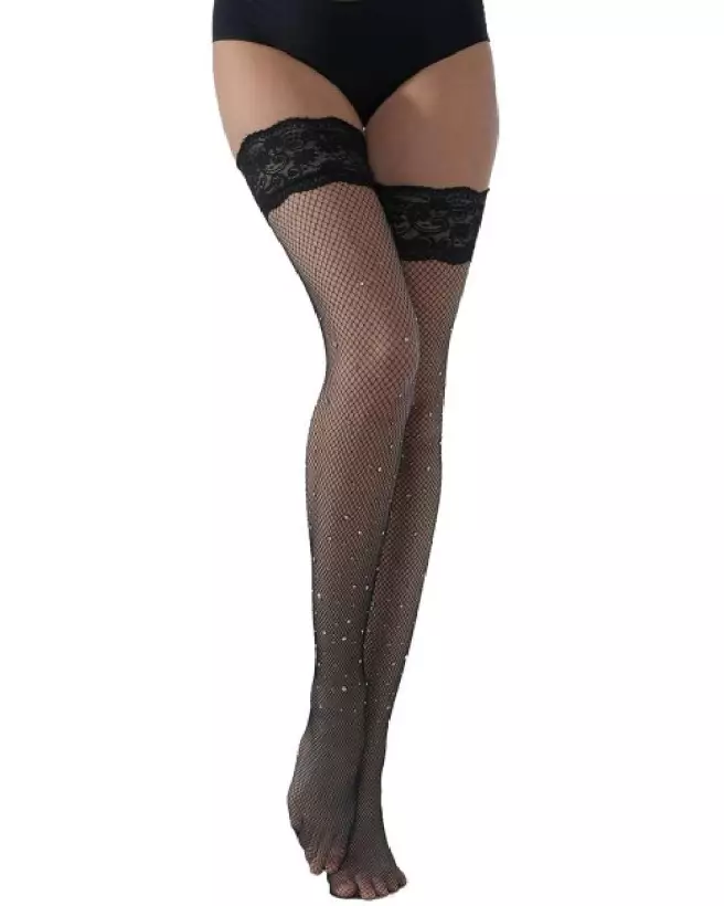 Bas autofixants noirs strass Paris Hollywood, lingerie sexy taille unique-1