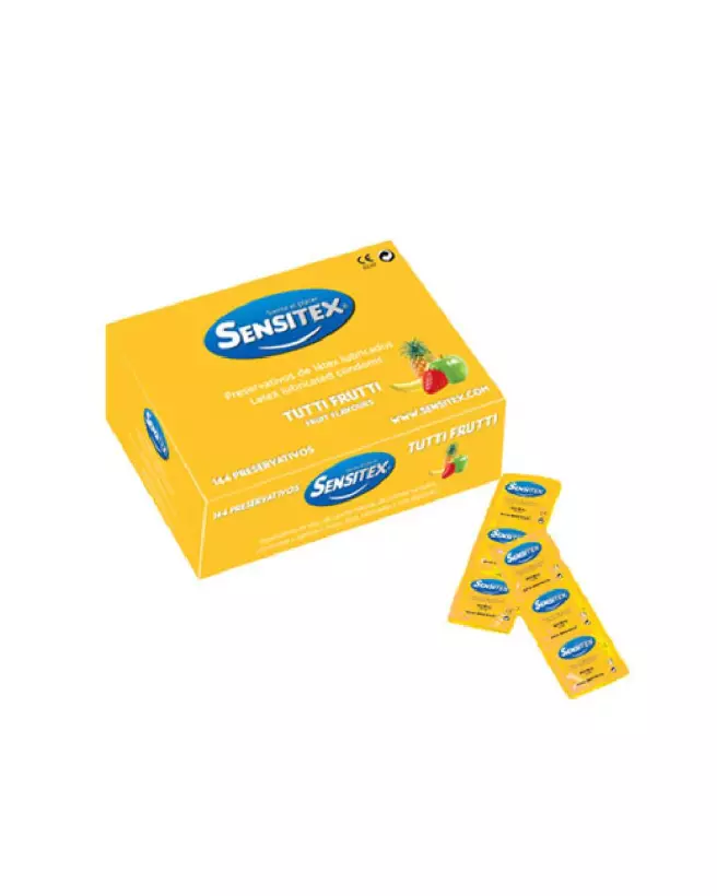 Image de préservatifs Sensitex Tutti Frutti 144, boîte colorée et attrayante, sûre et fruitée-1
