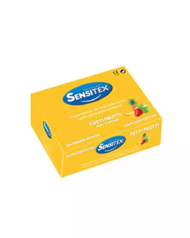 Image de préservatifs Sensitex Tutti Frutti 144, boîte colorée et attrayante, sûre et fruitée-2