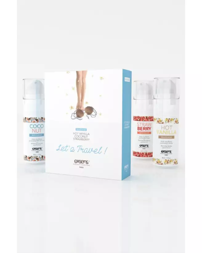 Coffret massage Exsens LET'S TRAVEL avec huiles parfumées vanille, fraise, noix de coco-1