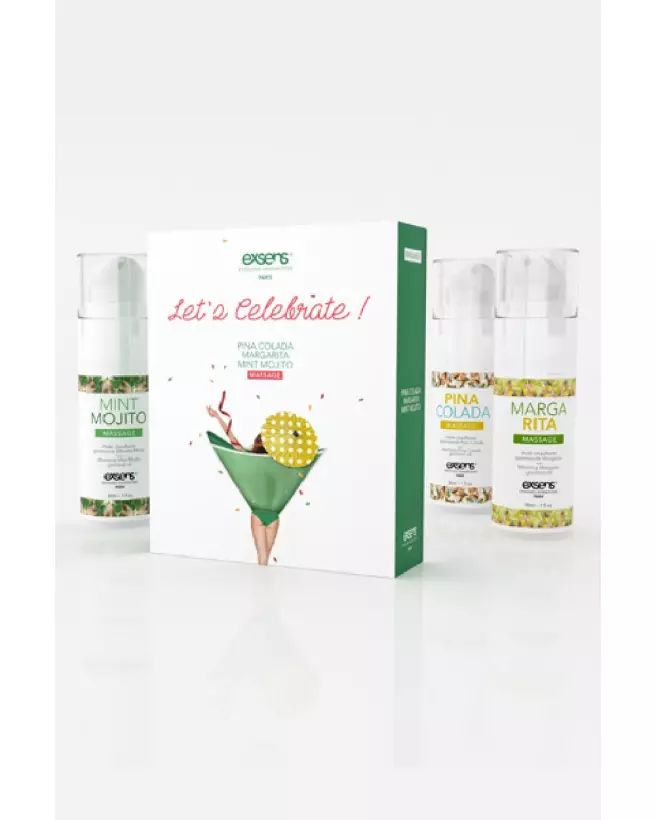 Coffret huiles de massage Exsens Let's Celebrate avec parfums Mint Mojito, Pina Colada, Margarita-1