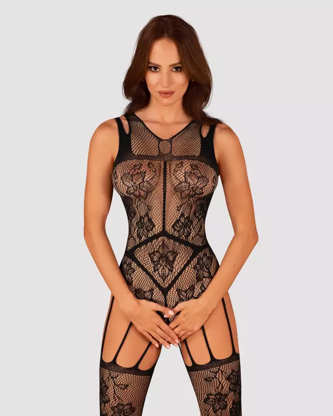 Image de Bodystocking F239 Obsessive en résille noire, lingerie sexy et élégante pour femme-3