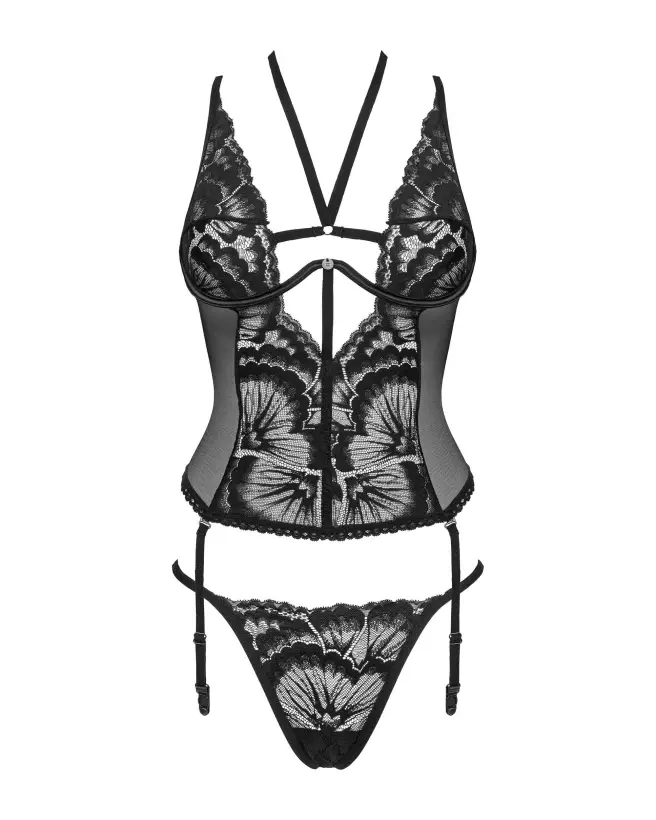 Corset et string noir Alessya par Obsessive, guêpière élégante-7
