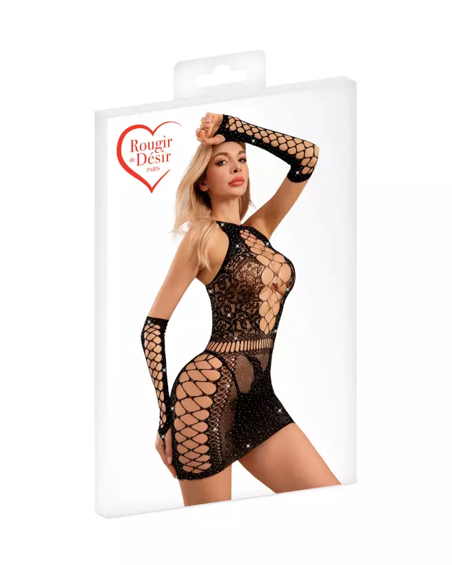 Robe sexy noire avec strass et mitaines de Rougir de Désir-2