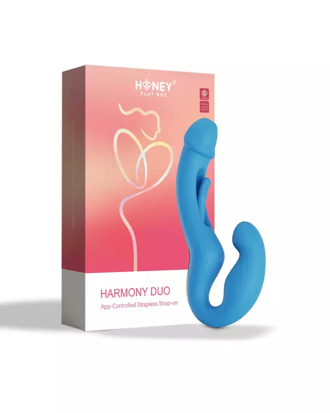Harmony Duo Strap on vibrant bleu de Honey Play Box, gode ceinture avec fonction tapotante-1