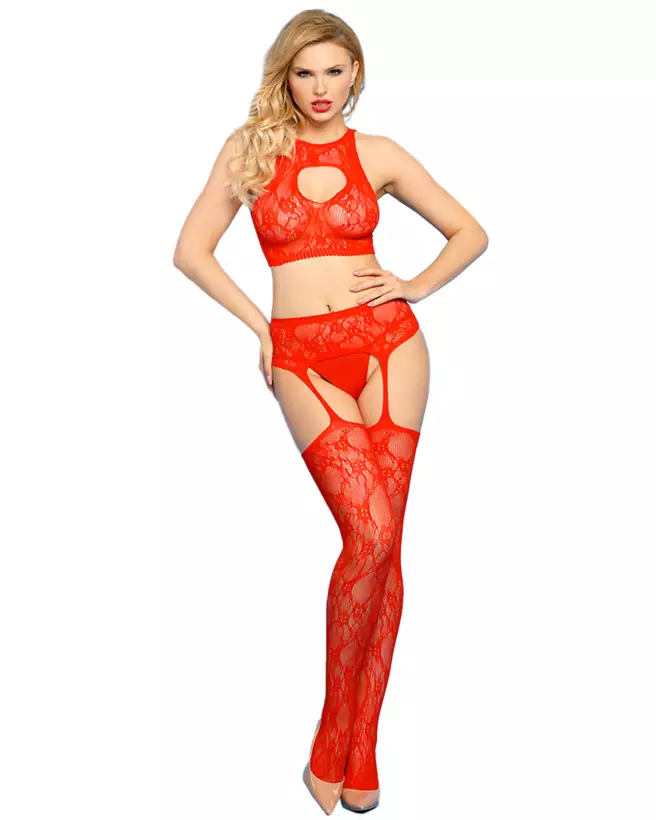 Ensemble lingerie rouge Paris Hollywood avec top et collant ouvert en taille unique-1