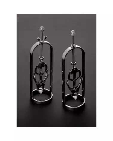 Photo des pinces à tétons Tit Tuggers avec serrage trèfle de Steel by Shots, parfait pour amateurs de BDSM-1