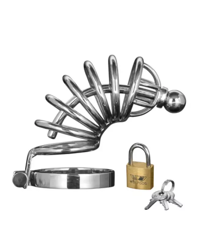 Image de la cage de chasteté Asylum M/L avec 6 anneaux par XR Brands-1