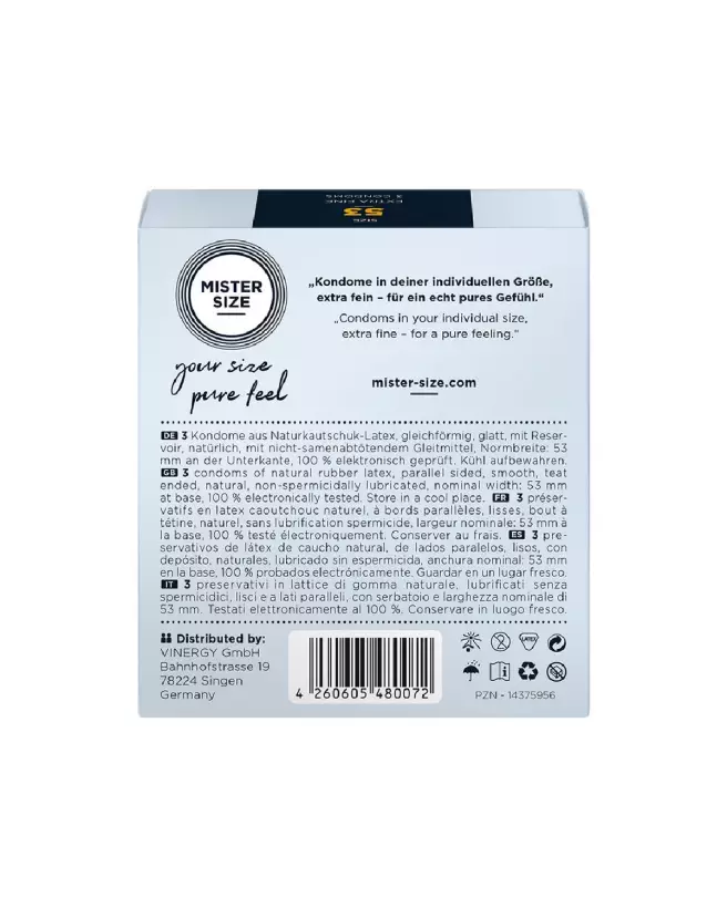 Pack de 3 préservatifs ultra-fins Pure Feel 53 mm de Mister Size pour sensations naturelles et sécurité optimale-3