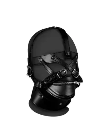 Harnais de tête noir avec bouche zippée et verrou par Ouch! by Shots-1