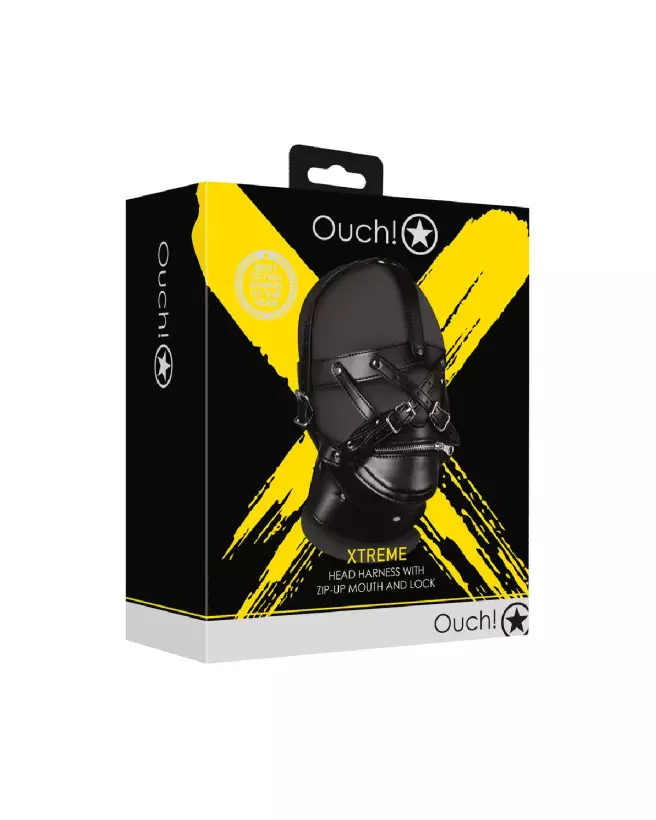 Harnais de tête noir avec bouche zippée et verrou par Ouch! by Shots-2