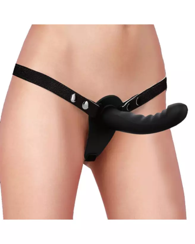 Dual Silicone Ribbed Strap-On par Ouch! Shots en noir, texture nervurée et ajustable-1