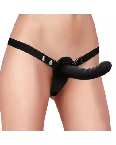 Dual Silicone Ribbed Strap-On par Ouch! Shots en noir, texture nervurée et ajustable-1