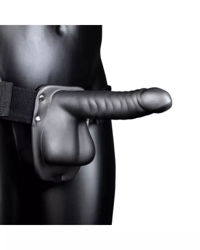 Image du Ribbed Hollow Strap-On with Balls 21 cm Gunmetal par Ouch! by Shots-1