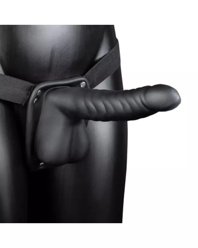 Gode ceinture creux noir avec testicules Ribbed Hollow Strap-On by Ouch! Shots 21 cm-1