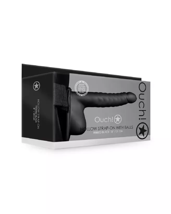 Gode ceinture creux noir avec testicules Ribbed Hollow Strap-On by Ouch! Shots 21 cm-2
