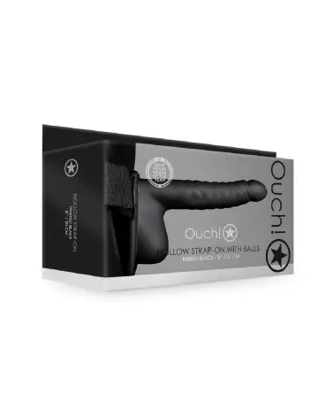Gode ceinture creux noir avec testicules Ribbed Hollow Strap-On by Ouch! Shots 21 cm-2