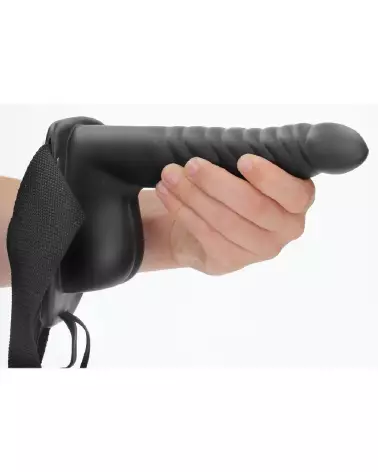 Gode ceinture creux noir avec testicules Ribbed Hollow Strap-On by Ouch! Shots 21 cm-7