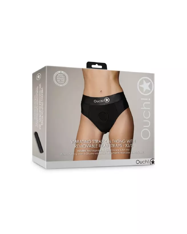 Vibrating Strap-On Thong XS/S de Ouch! by Shots avec straps amovibles en noir-2
