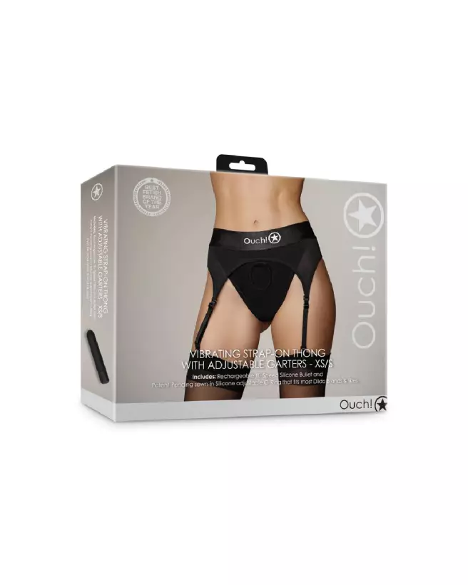 Vibrating Strap-on Thong XS/S Black with Adjustable Garters by Ouch! Shots-2