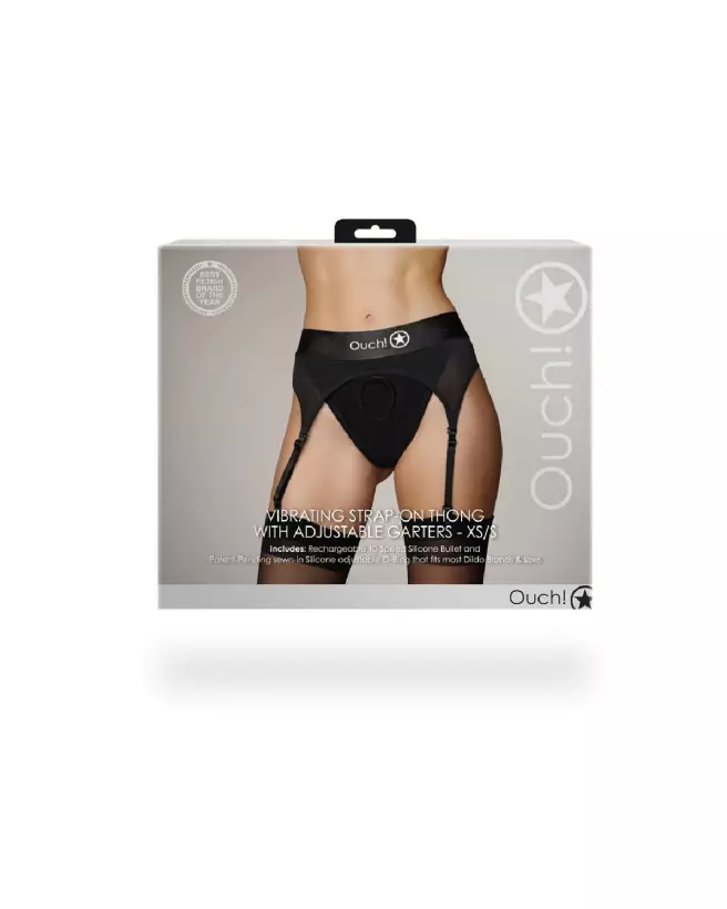 Vibrating Strap-on Thong XS/S Black with Adjustable Garters by Ouch! Shots-3
